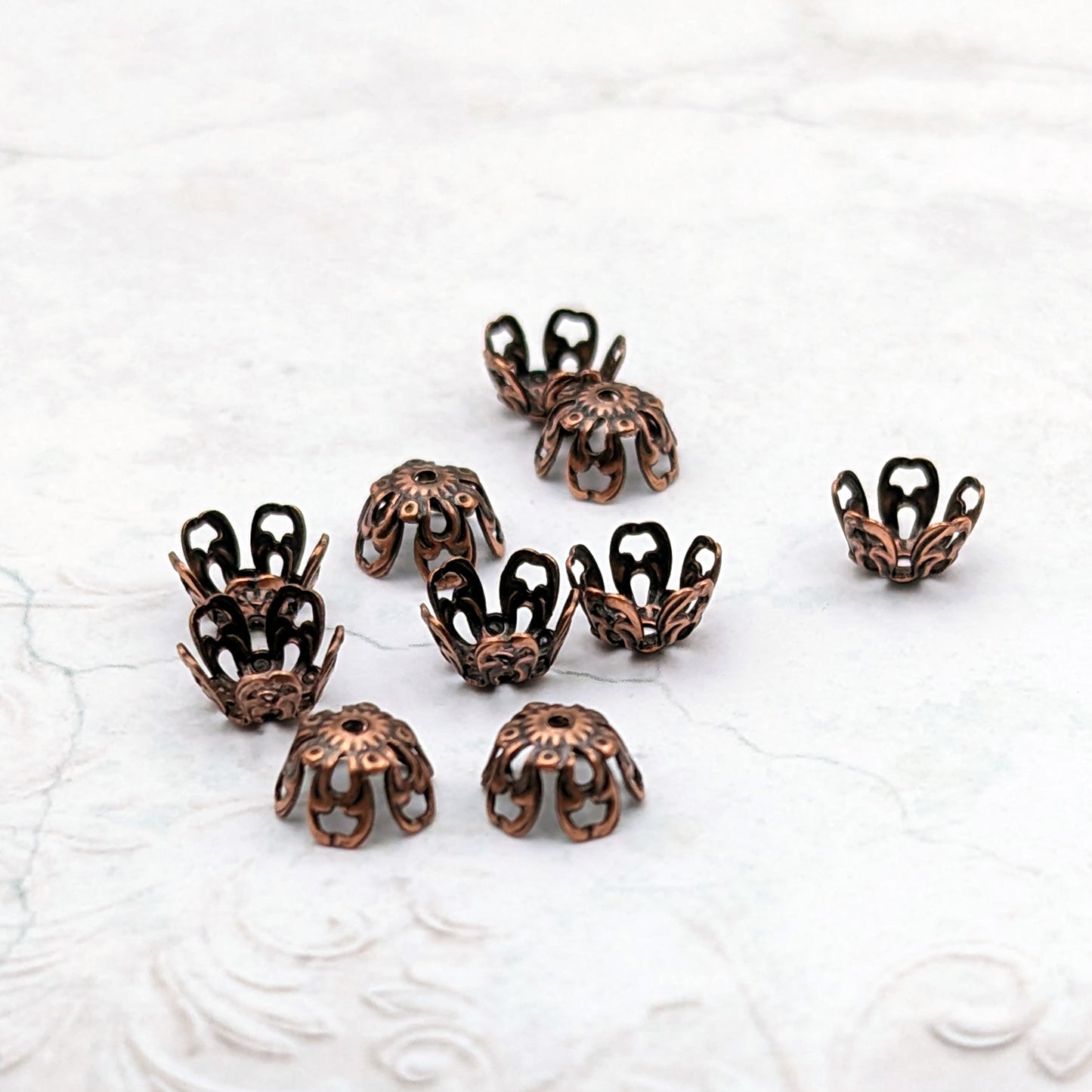 Antiqued Copper Ox Filigree Bead Caps with Art Nouvea Style Details - 10 Pieces - Vintage Style Jewelry Making Supplies and Findings
