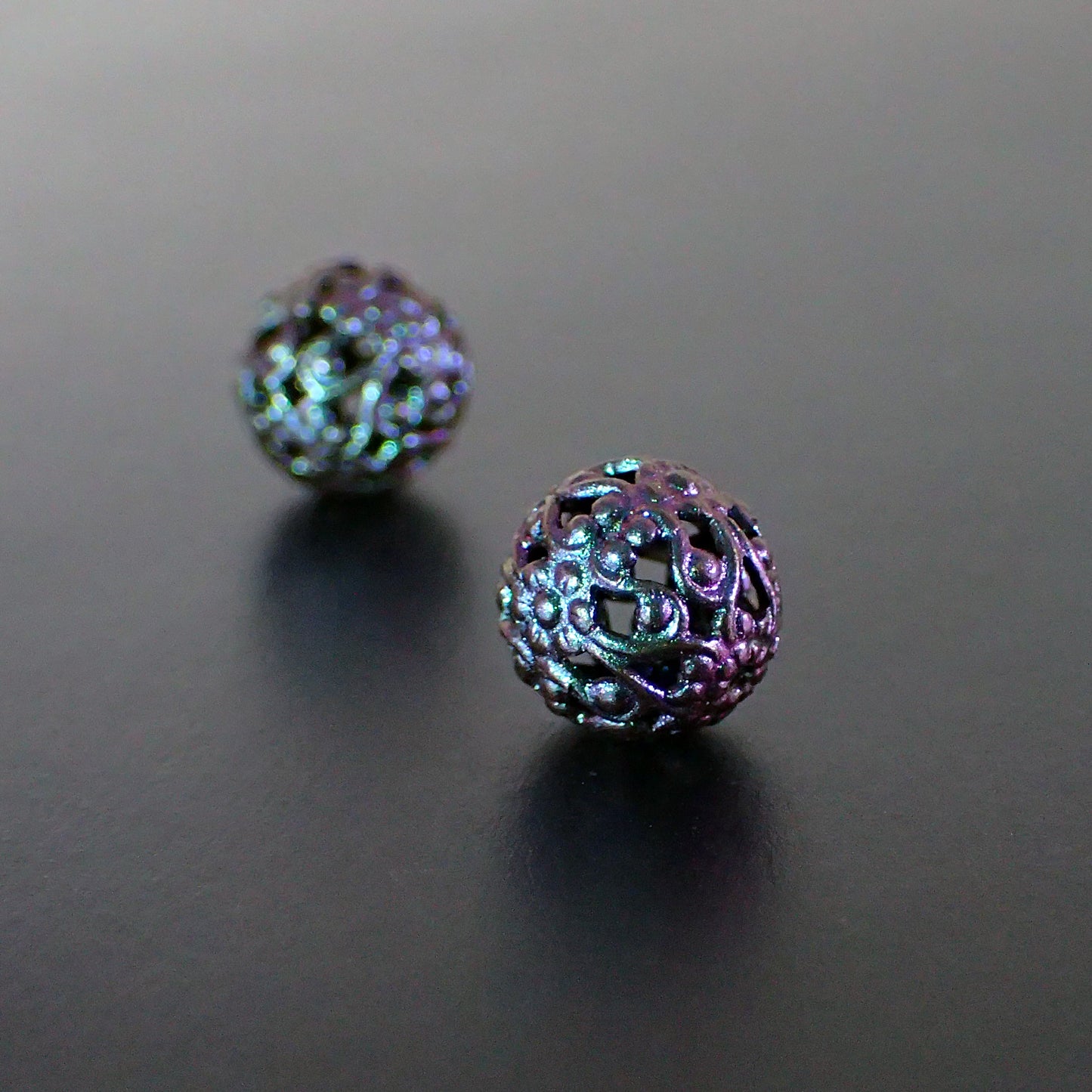 Color Shifting Floral Filigree Beads 10mm 2 Pieces, Scarab Patina