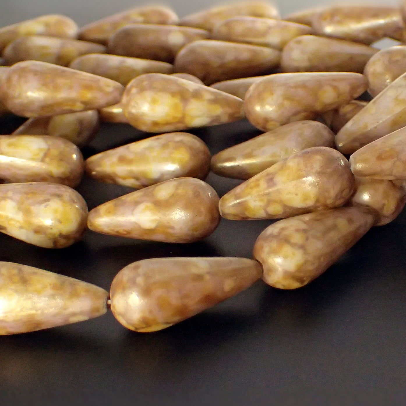 Antique Beige Pink Picasso Smooth Teardrop Beads - Semi Matte Rose Gold Topaz Luster Vintage Style Czech Glass Beads - 20 x 9 mm