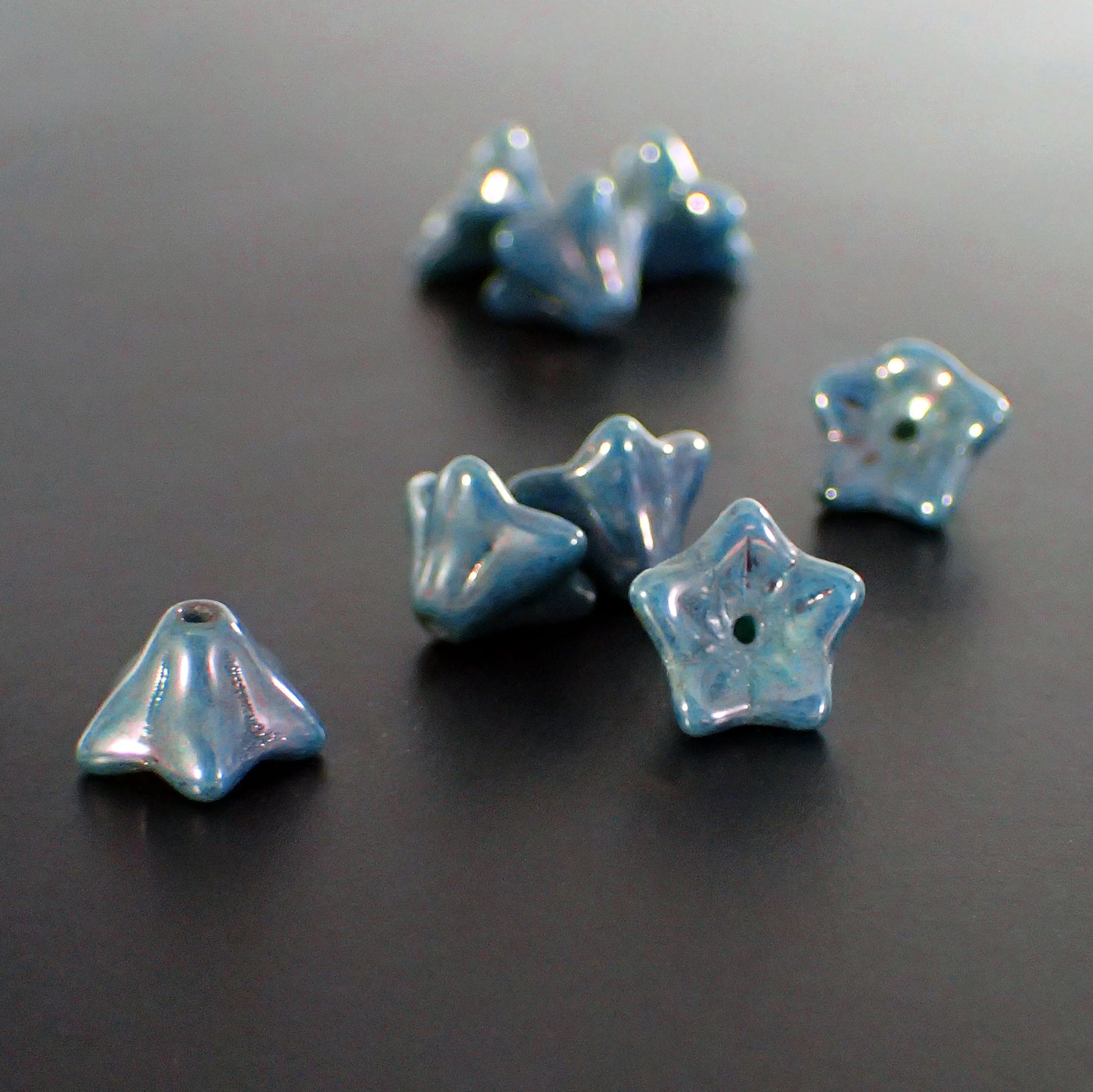 Artisan Czech Glass Flower Beads Teal with Purple Luster Pressed Glass 5-Petal Flowers 9x6mm