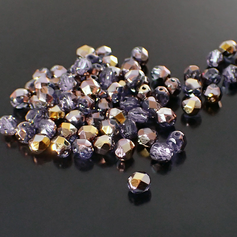 Tanzanite Bluish Purple Capri Gold - Czech Fire Polished Glass Beads - 6mm Beads 50 Pieces