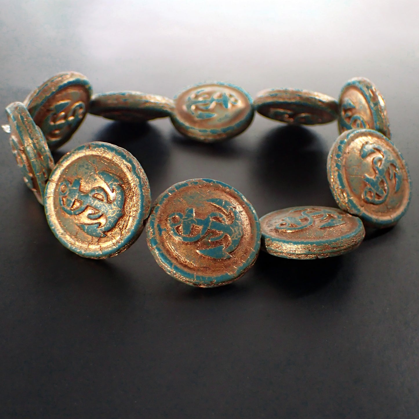 Matte Dark Teal with Metallic Copper Bronze Wash Artisan Czech Pressed Glass Anchor Beads