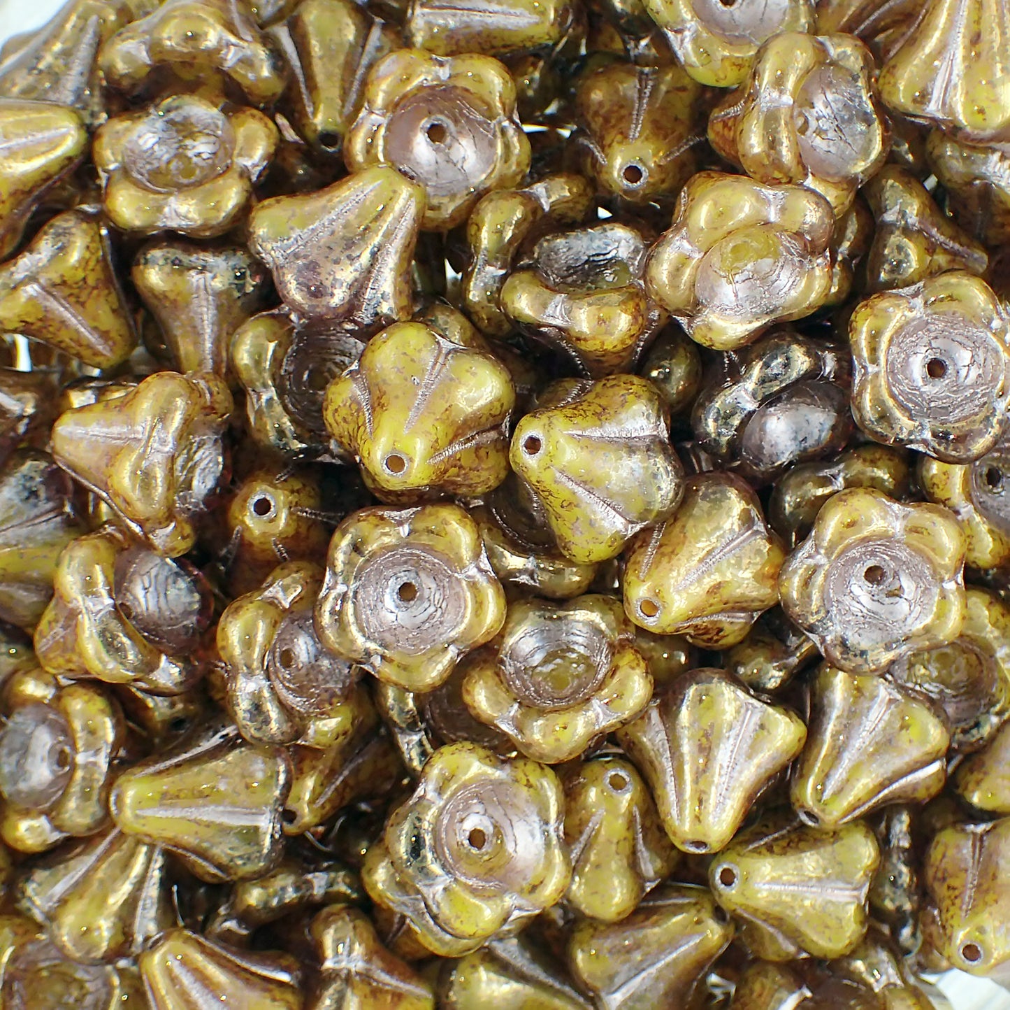 13x11mm Czech Glass Bell Flower Beads, Yellow Silk with Bronze Luster and Platinum Wash