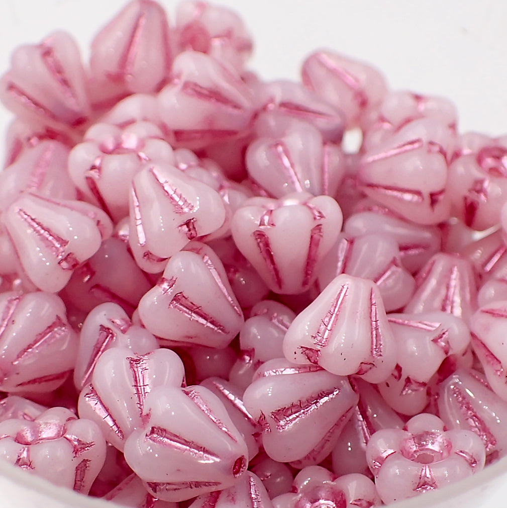 50 Czech Glass Baby Bell Flower Beads, 6x4mm Opaque White with Metallic Pink Wash