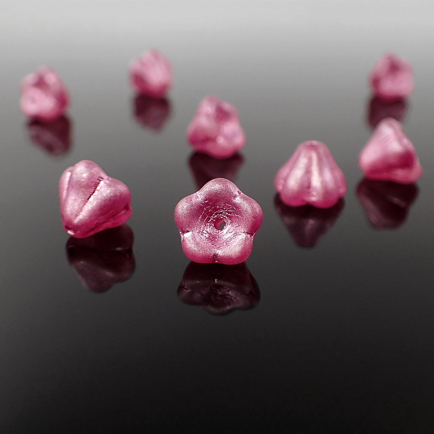 25 Czech Glass Baby Bell Flower Beads, 8x6mm Clear Matte with Metallic Pink Wash