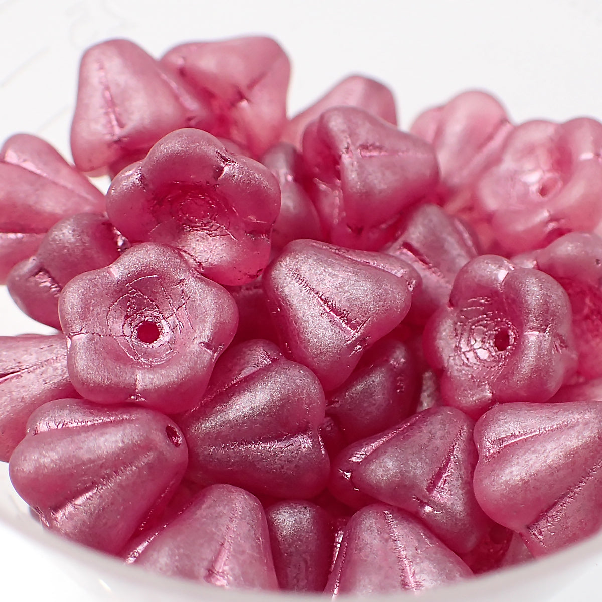 25 Czech Glass Baby Bell Flower Beads, 8x6mm Clear Matte with Metallic Pink Wash