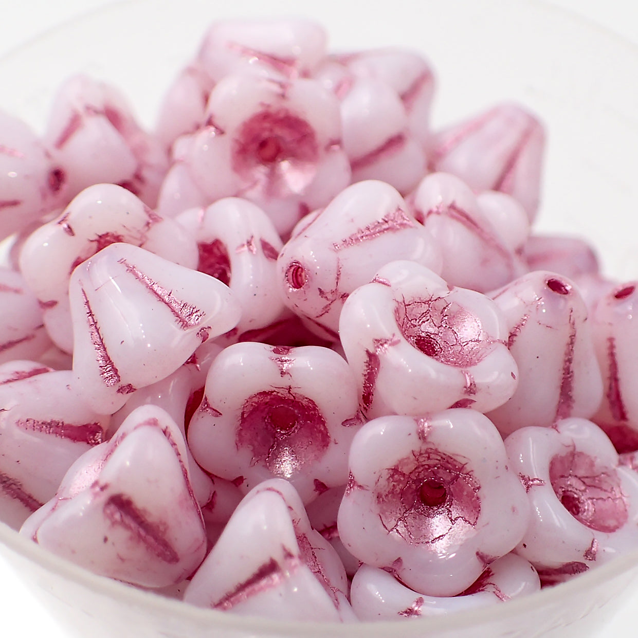 25 Czech Glass Baby Bell Flower Beads, 8x6mm Opaque White with Metallic Pink Wash