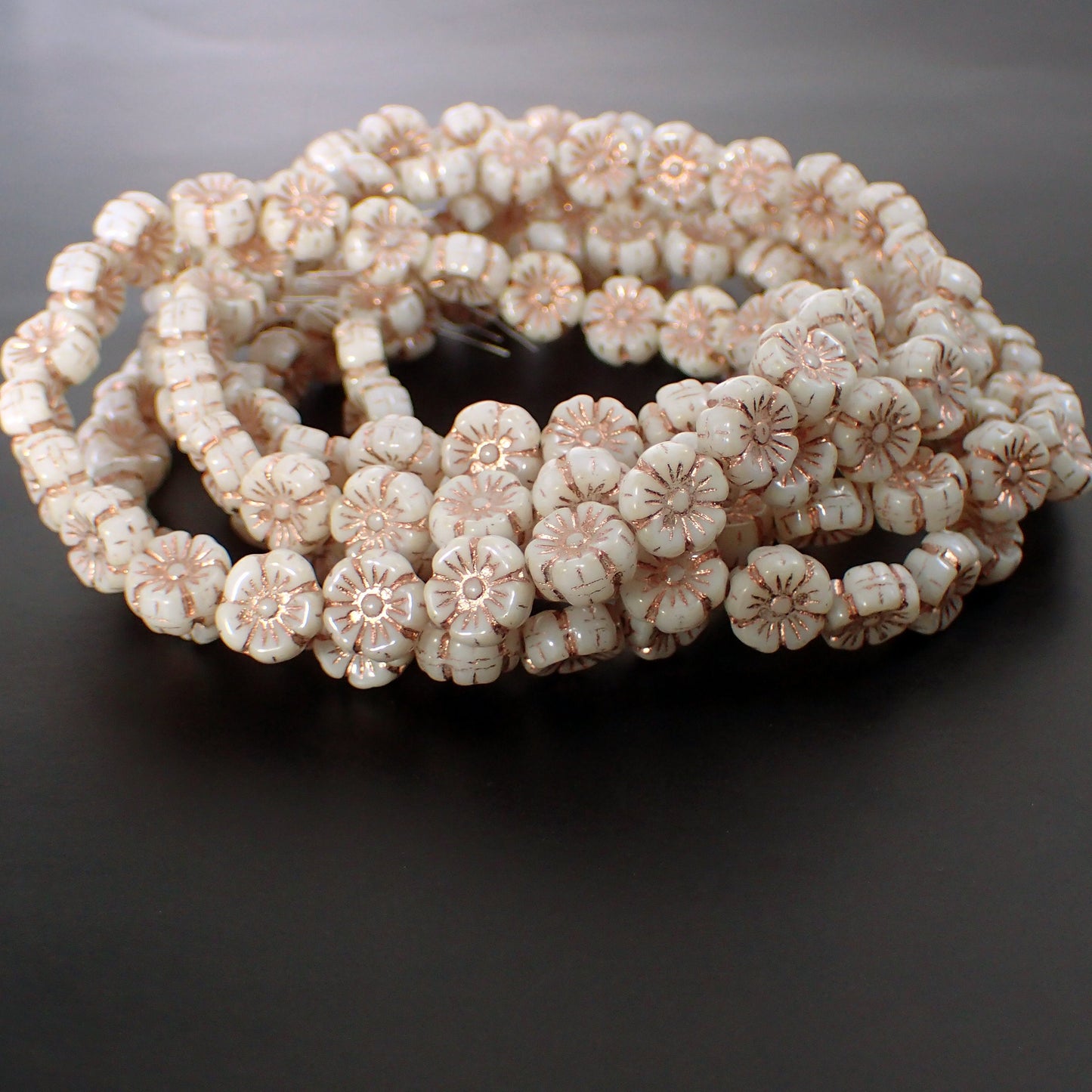 Flower Beads Ivory with Rose Gold Wash - Artisan Czech Pressed Glass Beads - Flat Coin Flowers - 10mm Off White Capri