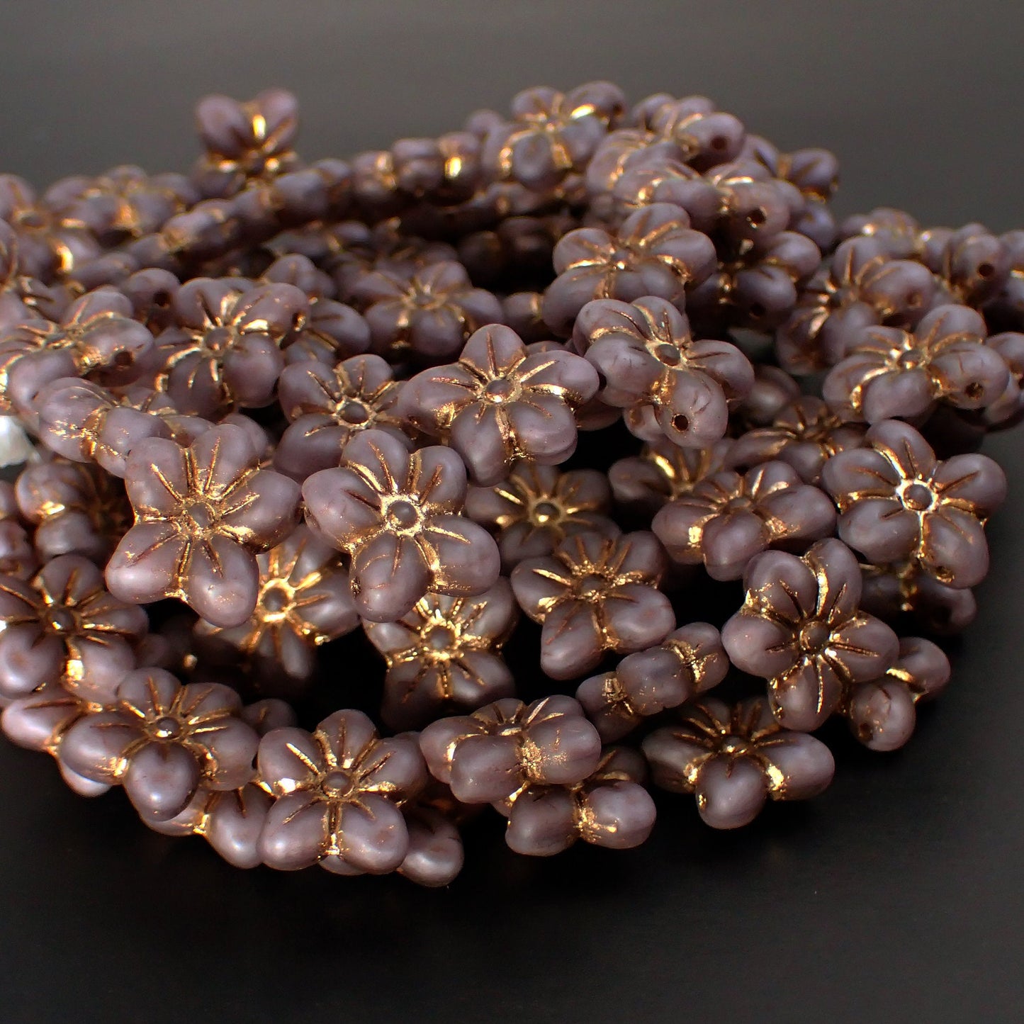 Two-Hole Flower Beads - Matte Purple with Dark Bronze Wash - Artisan Czech Pressed Glass - Flat Flower Beads - 6 Pieces