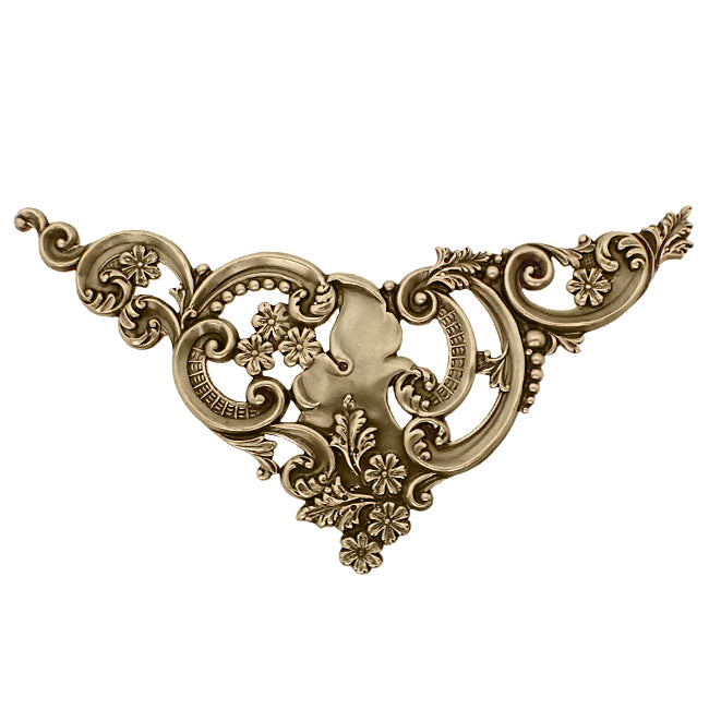 Large Corner Stampings - Antiqued Brass Ox - Art Nouveau Floral Flourish Scrapbooking Corners With Cut Outs Victorian Style - 1 Piece