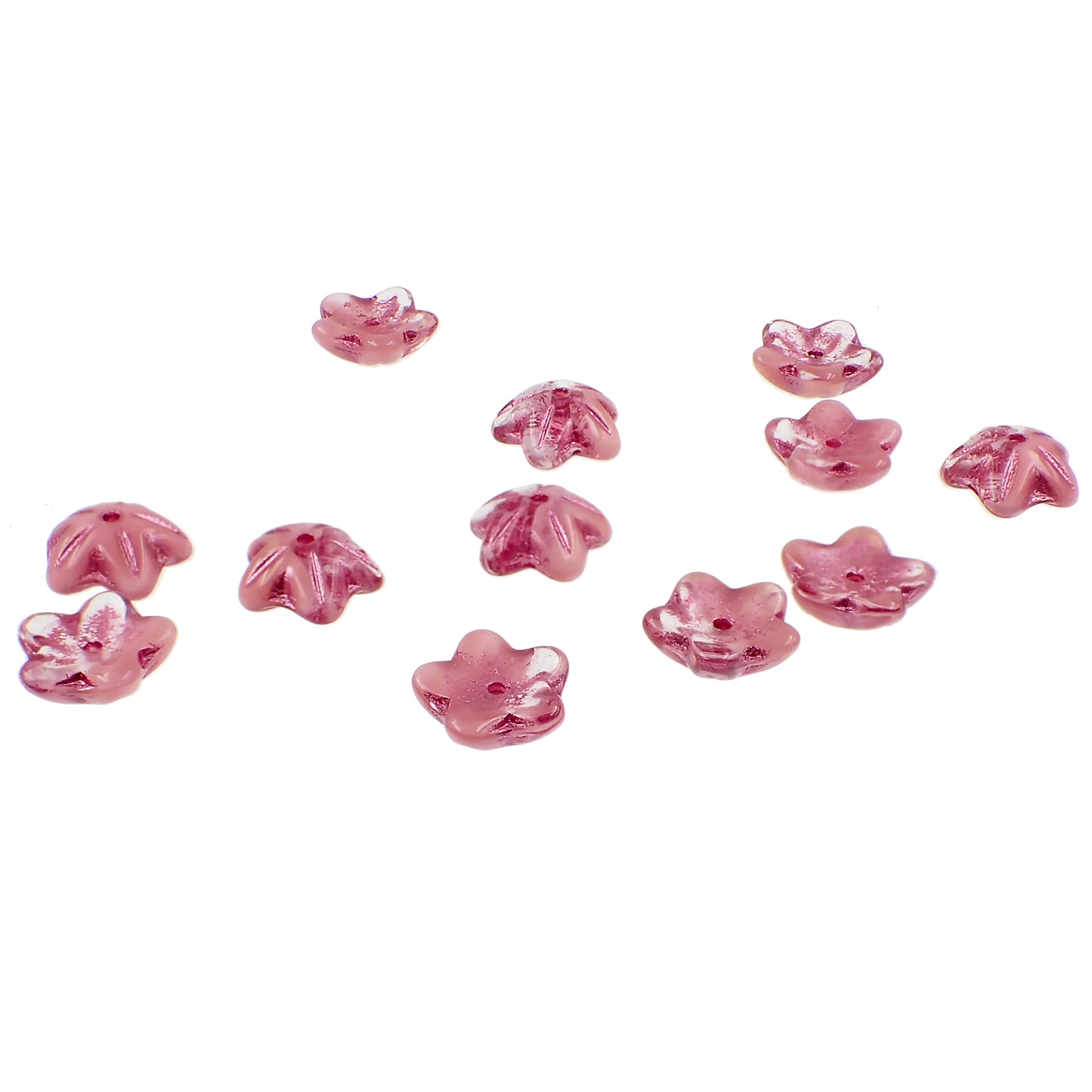 Pink Czech Flower Beads, 12 Pieces, 10x4mm Clear and Opaque Mix with Metallic Pink Wash