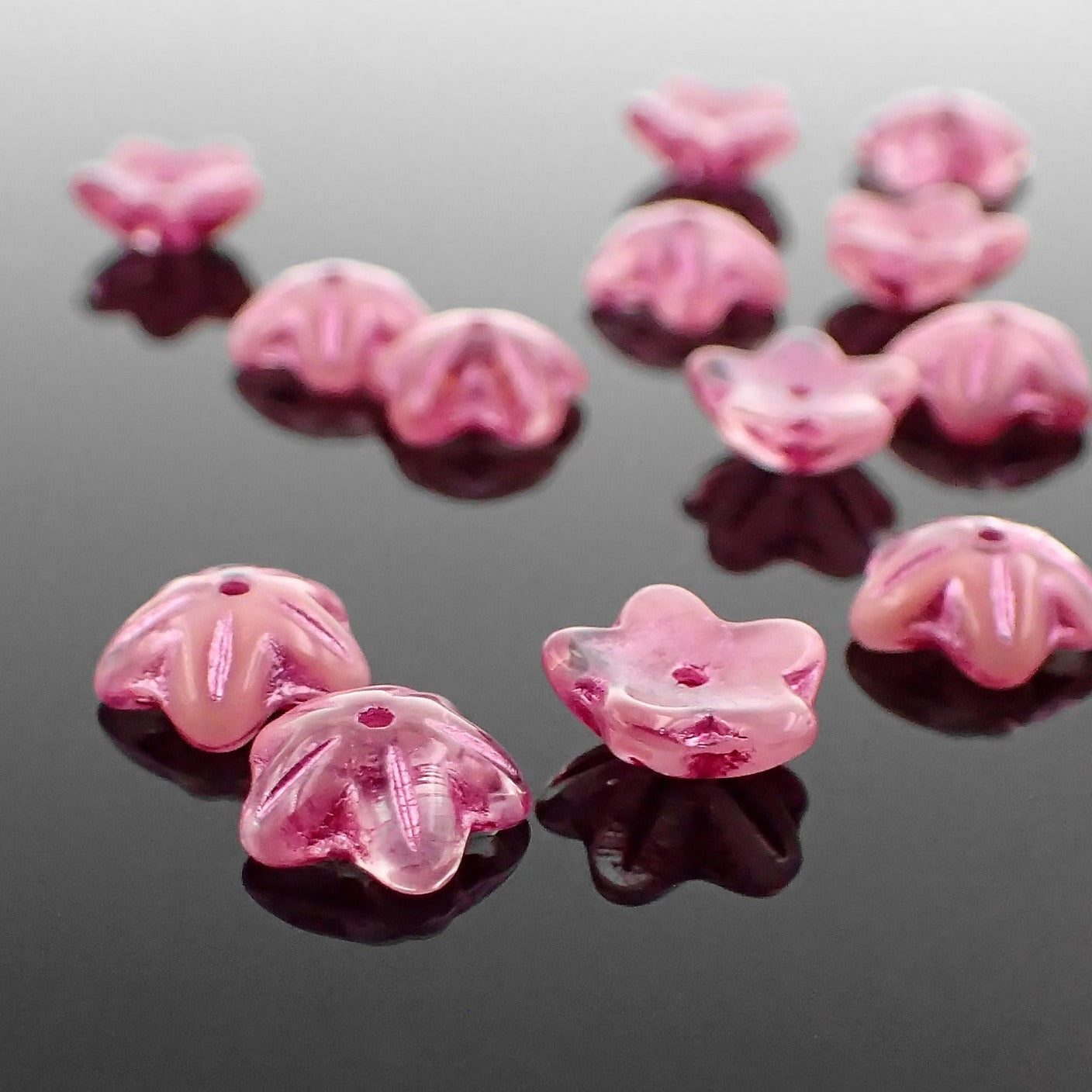 Pink Czech Flower Beads, 12 Pieces, 10x4mm Clear and Opaque Mix with Metallic Pink Wash
