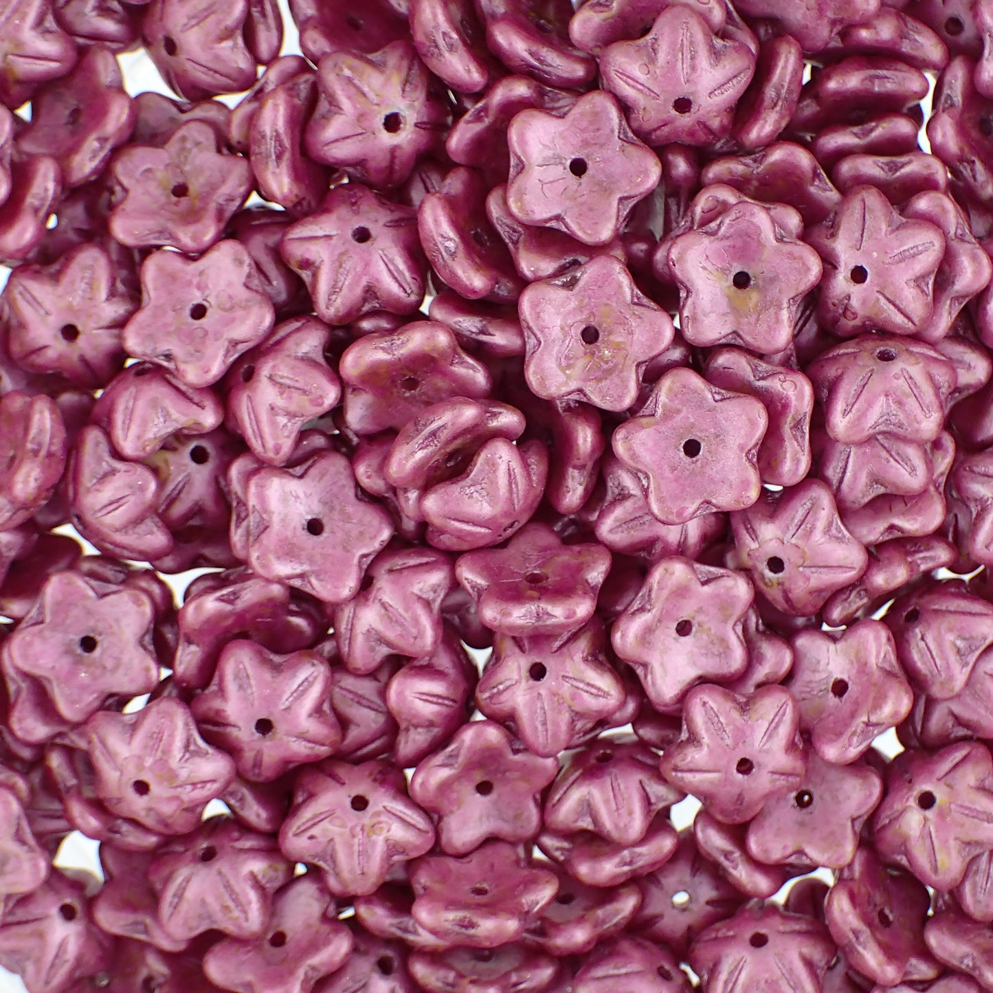 Pink Czech Flower Beads, 12 Pieces, 10x4mm Matte Metallic Mottled Pink