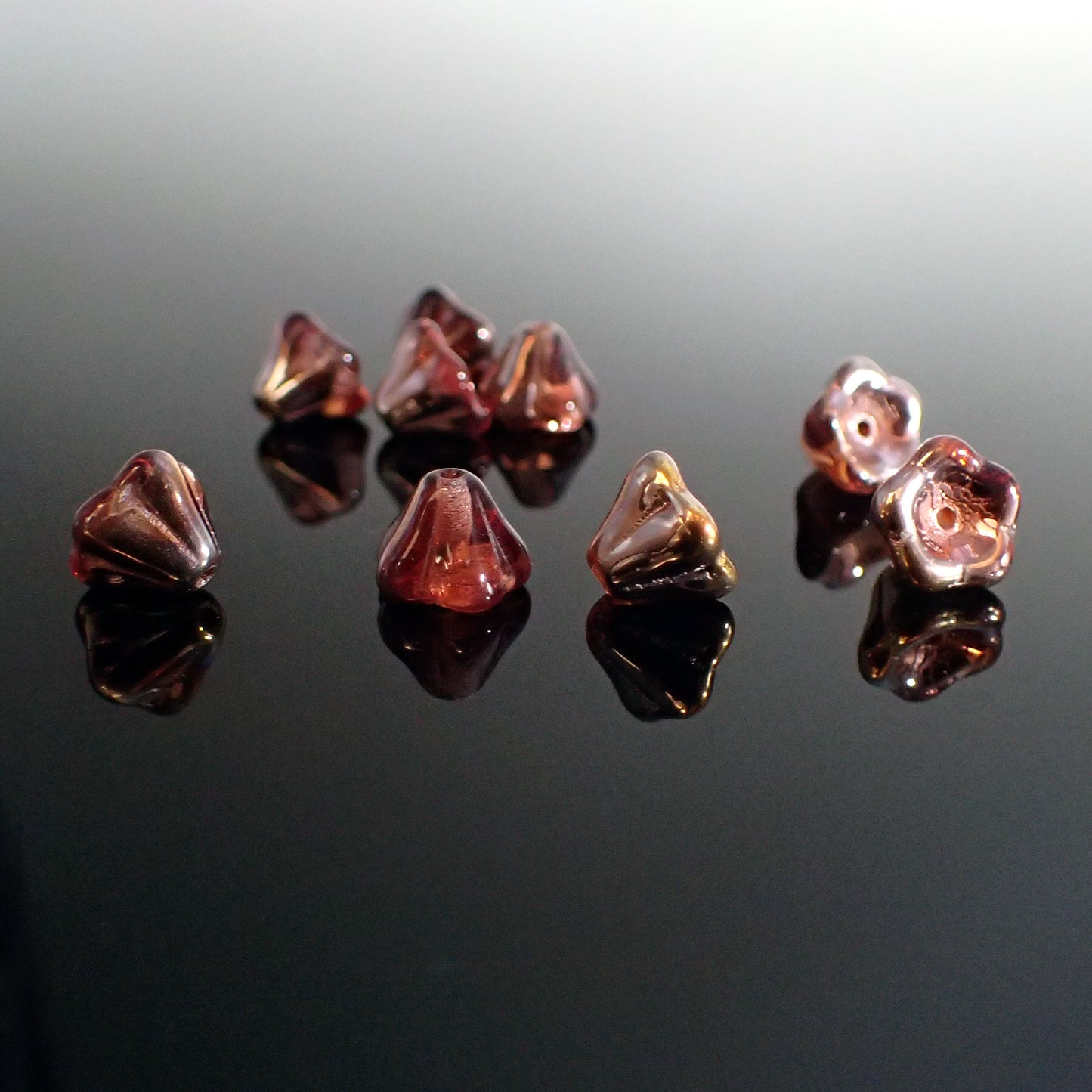 Artisan Czech Glass Bell Flower Beads, 20 Pieces 8x6mm, Dark Reddish Pink Capri Gold
