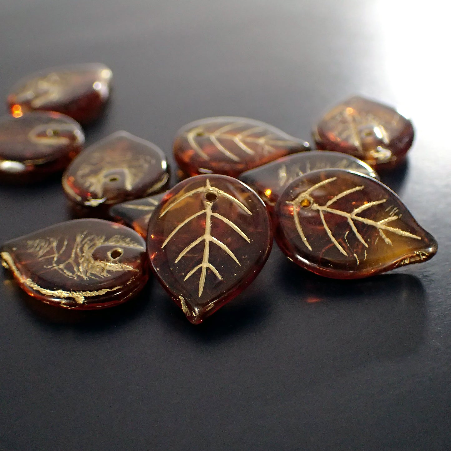 Dark Topaz Brown Leaf Beads with Metallic Gold Wash - Artisan Czech Pressed Glass - Pressed Autumn Fall Nature Beads - 18x13mm