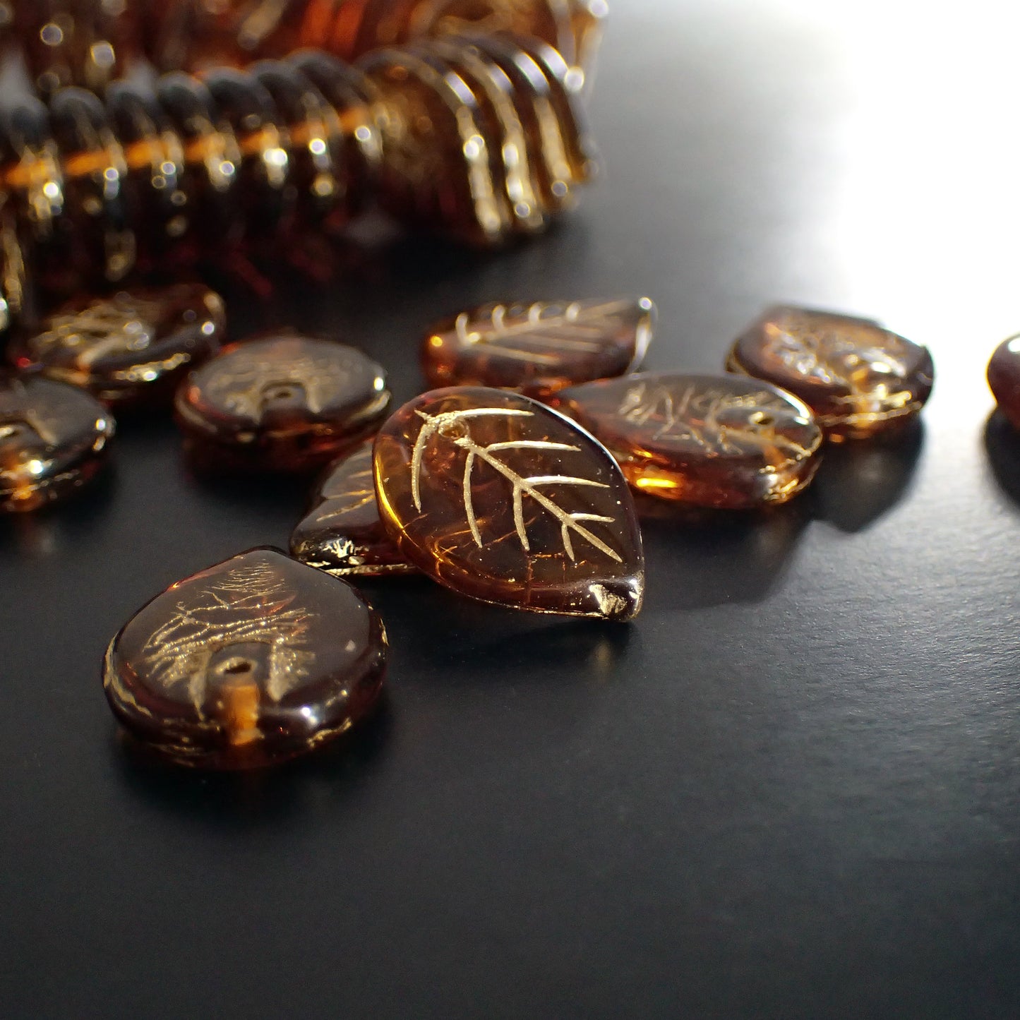 Dark Topaz Brown Leaf Beads with Metallic Gold Wash - Artisan Czech Pressed Glass - Pressed Autumn Fall Nature Beads - 18x13mm