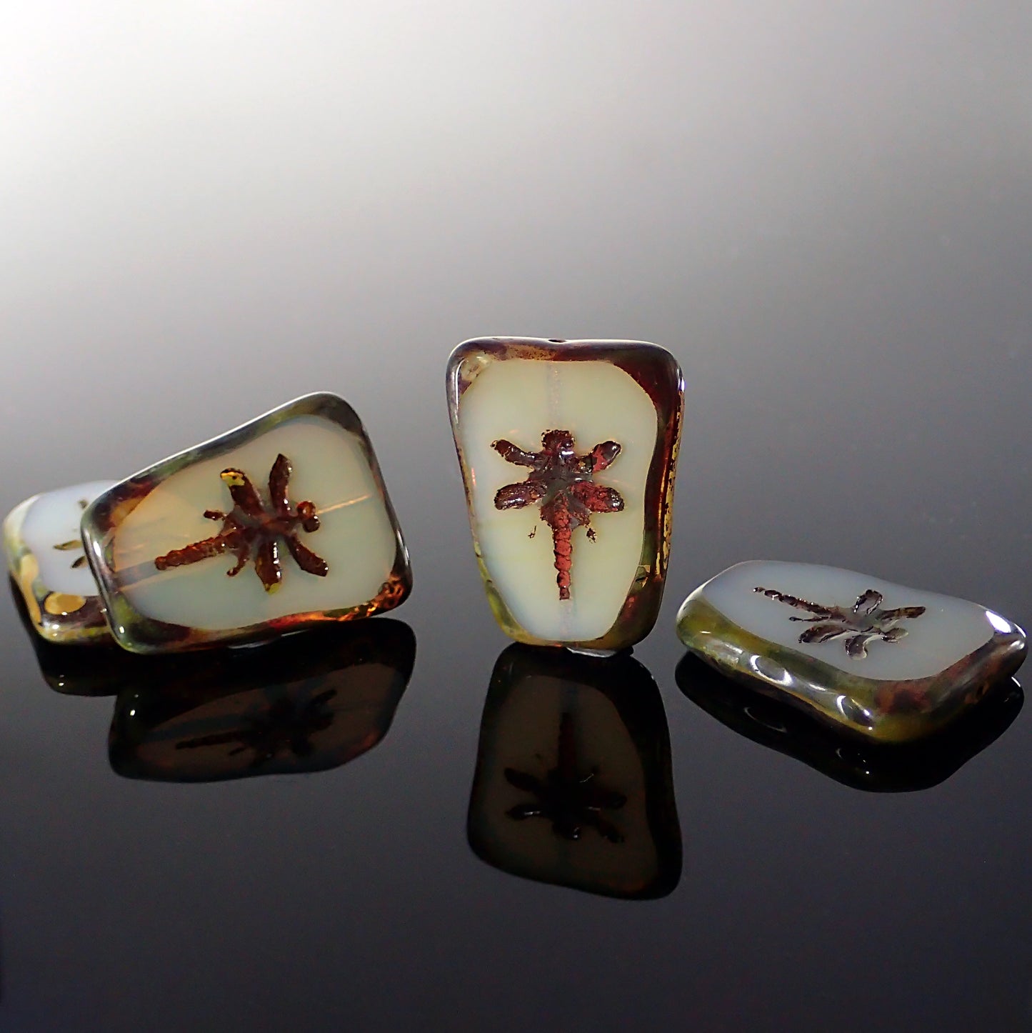 Artisan Czech Glass Beads Table Cut Dragonfly Beads - Translucent Milky Off White with Picasso Finish 27x20mm - 2 Pieces