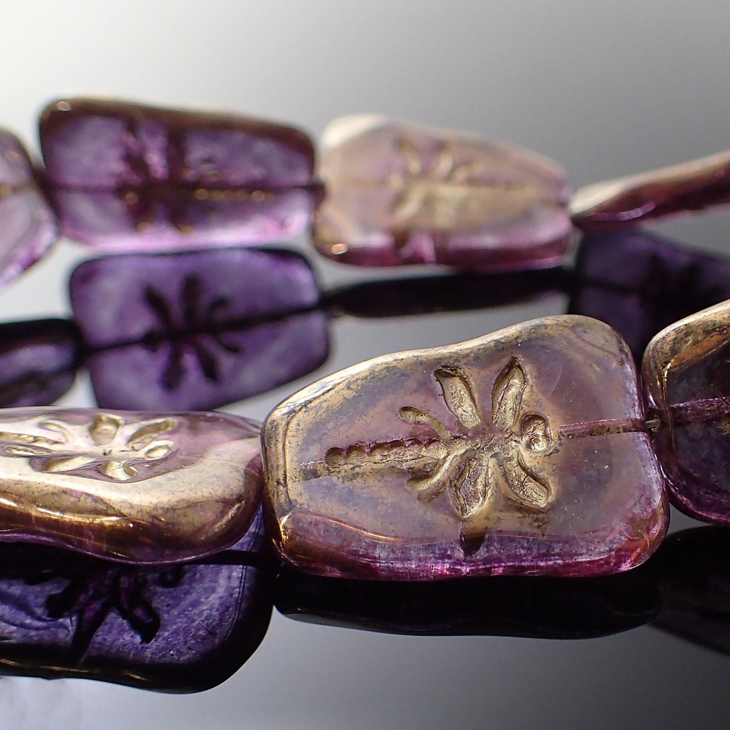 Artisan Czech Glass Dragonfly Beads - Transparent with Purple Bronze Luster 27x20mm