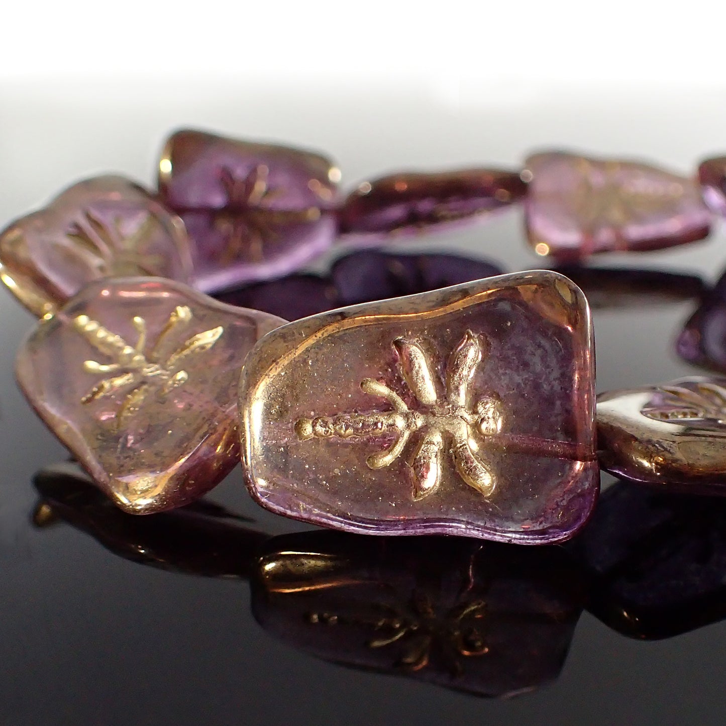 Artisan Czech Glass Dragonfly Beads - Transparent with Purple Bronze Luster 27x20mm