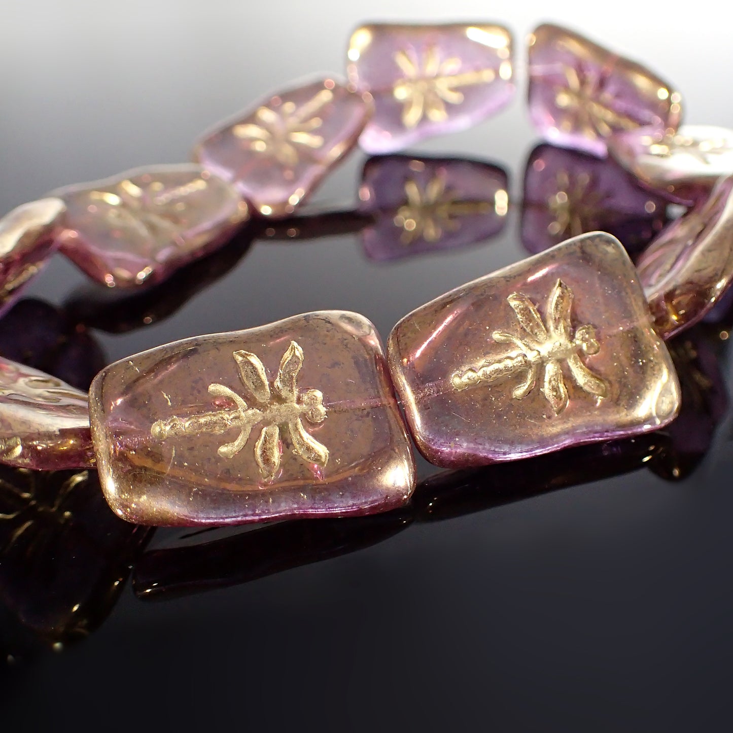 Artisan Czech Glass Dragonfly Beads - Transparent with Purple Bronze Luster 27x20mm