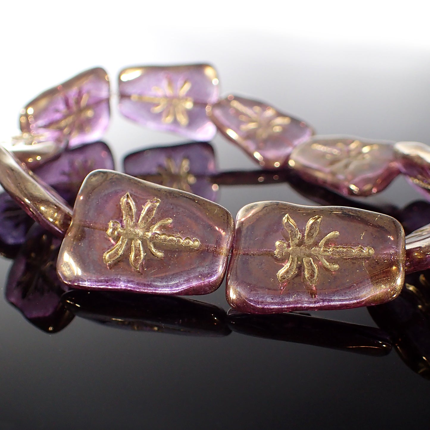 Artisan Czech Glass Dragonfly Beads - Transparent with Purple Bronze Luster 27x20mm