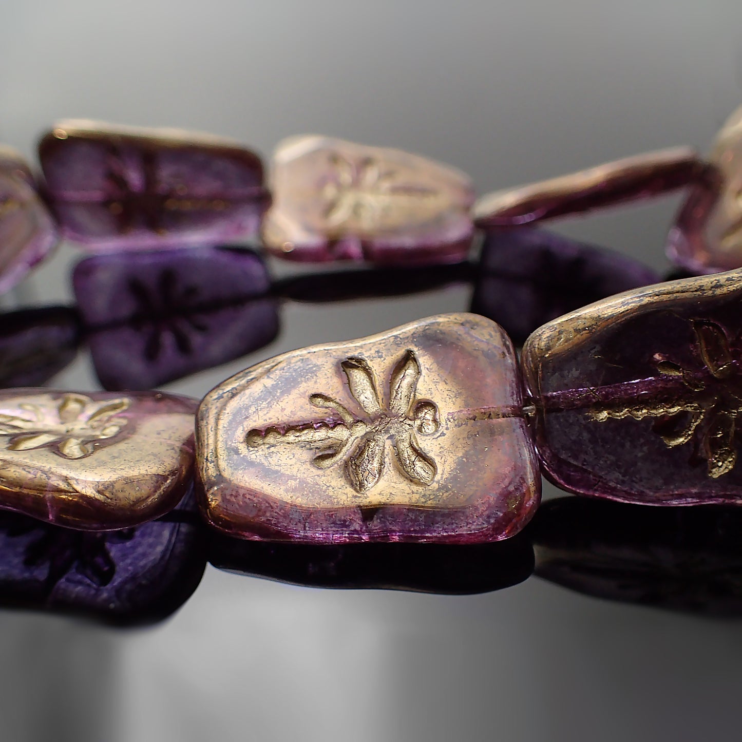 Artisan Czech Glass Dragonfly Beads - Transparent with Purple Bronze Luster 27x20mm