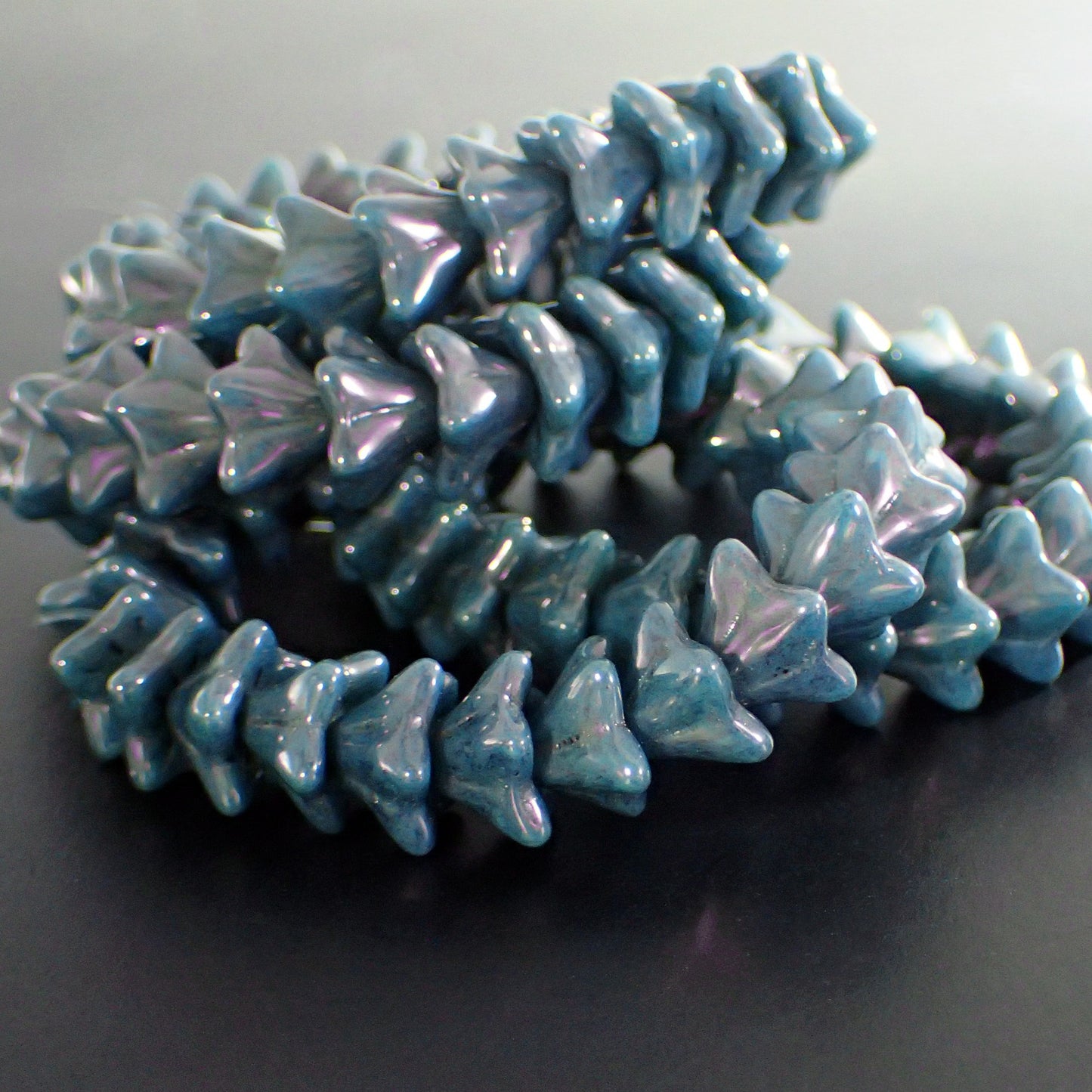 Artisan Czech Glass Flower Beads Teal with Purple Luster Pressed Glass 5-Petal Flowers 9x6mm
