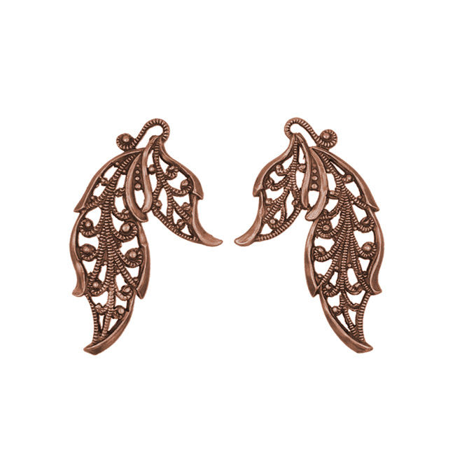 Pair of Lacy Filigree Leaves - Antiqued Copper Ox - Intricate Detail Nickel Free - 1 Pair - High Quality European Brass