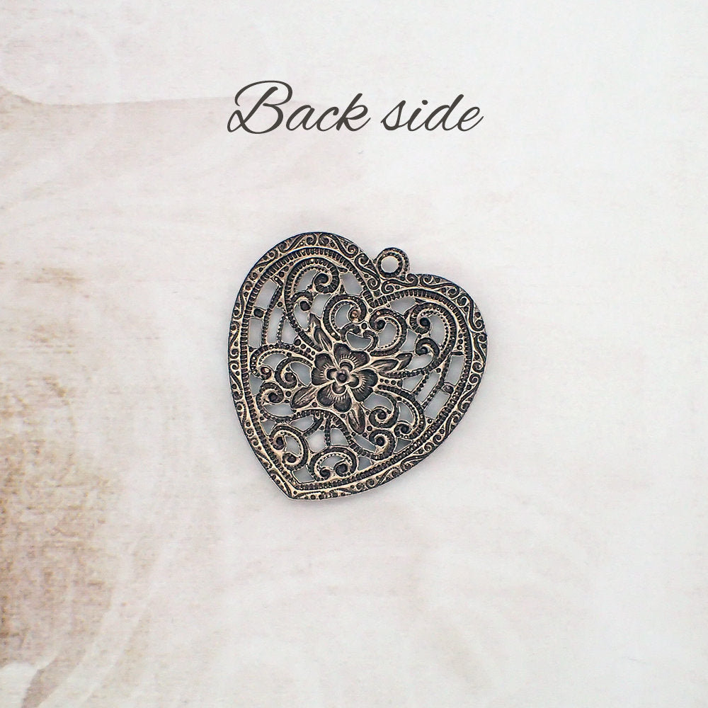 Romantic Floral Heart Filigree Pendant - Antiqued Brass Ox Jewelry Making Supplies