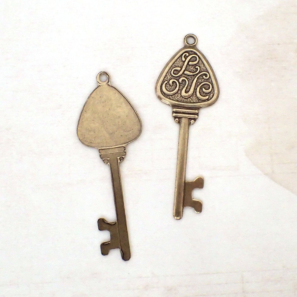 Love Key Brass Pendants - Antiqued Brass Ox Bronze Colored Key Charms with Hole and Flat Backs- USA Made Scrapbook Embellishments