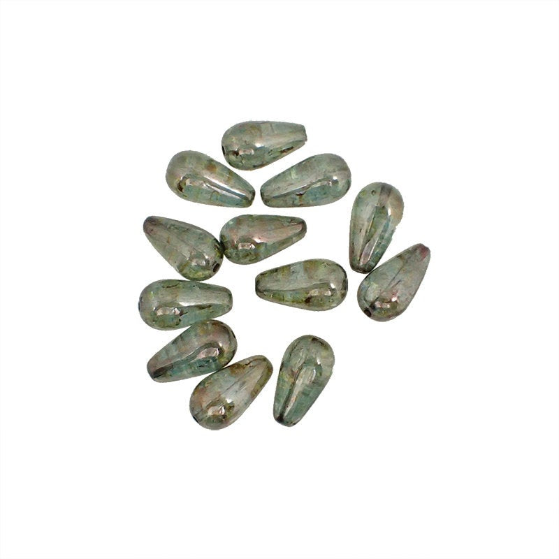 Lumi Green Luster Teardrops - 16 Pressed Glass Beads 15x8mm Rustic Mottled Finish for Jewelry Making - 15mm Tear Drops