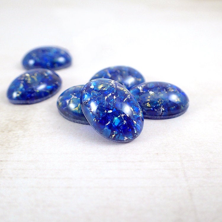 Blue Oval Czech Glass Faux Opal Cabochon - Glass Opal Cabs - 18x13mm 18 x 13 mm 18mm - Bright Light and Dark Blue Flat Back Stones
