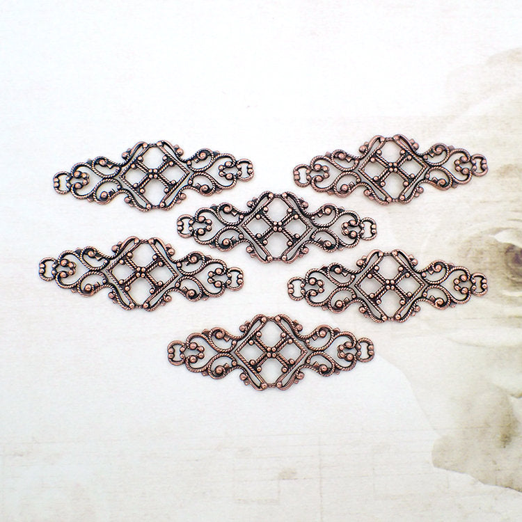 Lacy Copper Filigrees - 6 Pieces Vintage Victorian Style Antiqued Copper Ox - Scrapbook Embellishments - Antique Renaissance Steampunk