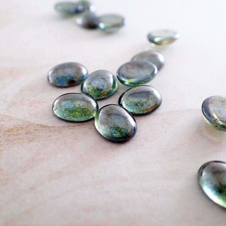 Czech Glass Cabochons - 10x8mm Oval Transparent Lumi Green Luster