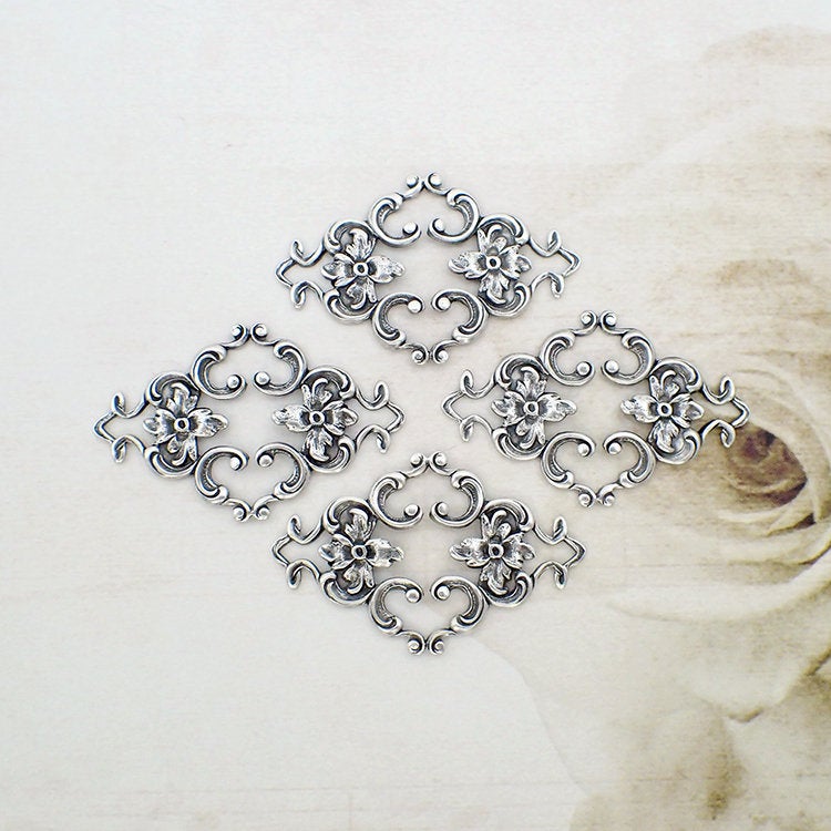 Antiqued Silver Victorian Style Filigree Connectors - Vintage Style Bracelet links Scrapbooking Embellishments with Floral Details