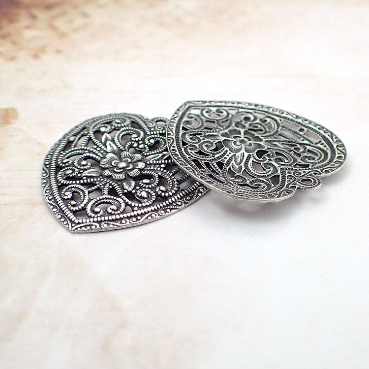 Floral Heart Shaped Filigree Pendant - Antiqued Silver Ox Jewelry Making Supplies - European Made with Flower Design - Victorian Style
