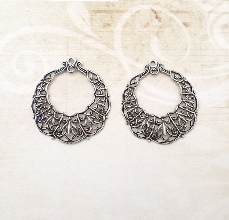 Filigree Hoops with Loop - Detailed Antiqued Silver Ox for Earrings - 2 Pieces - European Filigree Victorian French Renaissance Style