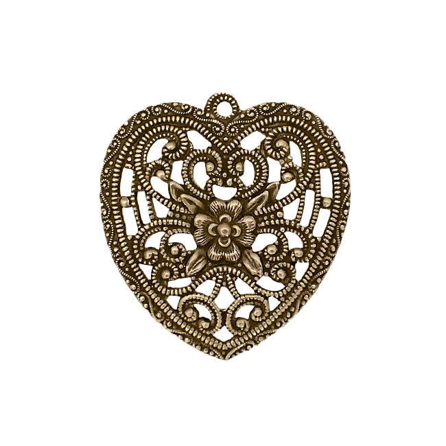 Romantic Floral Heart Filigree Pendant - Antiqued Brass Ox Jewelry Making Supplies