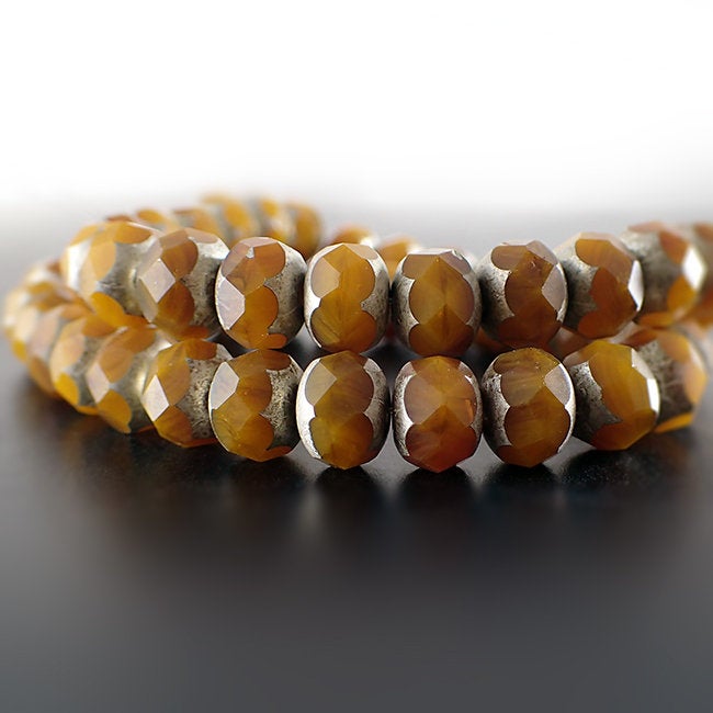 Rust Orange Artisan Czech Glass Rondelles - Topaz Brown Orange Mixed Matte with Antiqued Silver Patina