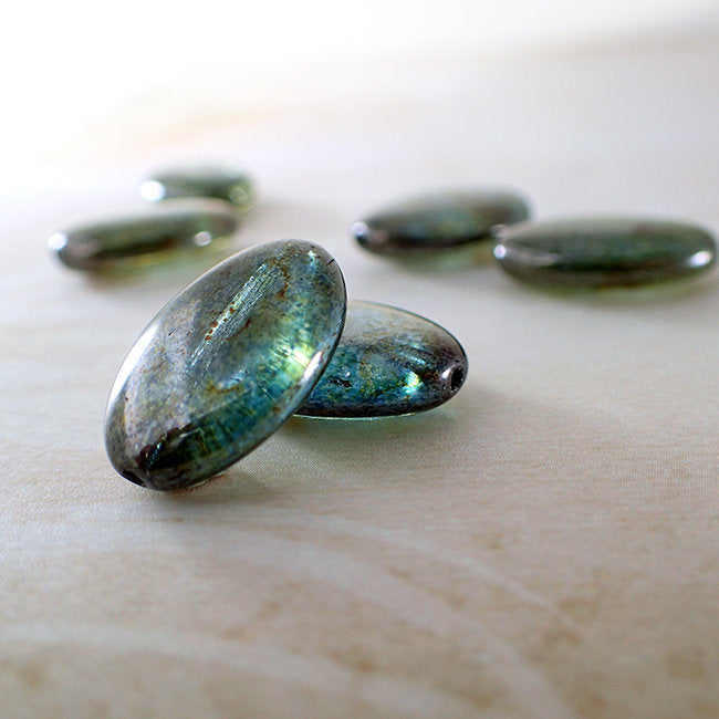 Lumi Green Luster Ovals - 15 Pressed Glass Beads 16x11mm Rustic Mottled Finish for Jewelry Making - Flat Oval Beads