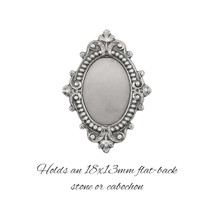 Silver Ox Antique Style Setting for 18x13mm Oval Flat Back Stones and Cabochons - Nickel Free for Victorian Renaissance Designs - 2 Pieces