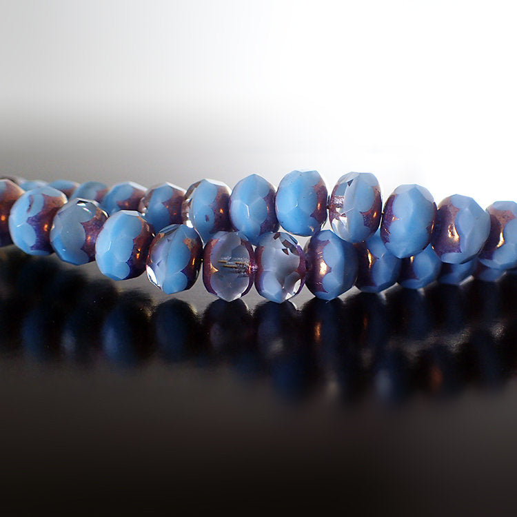 Sky Blue Silk Artisan Czech Glass Rondelles - Light Blue Crystal Mix with Purple Bronze Patina Luster Finish - 9x6mm 9mm - 25 Pieces
