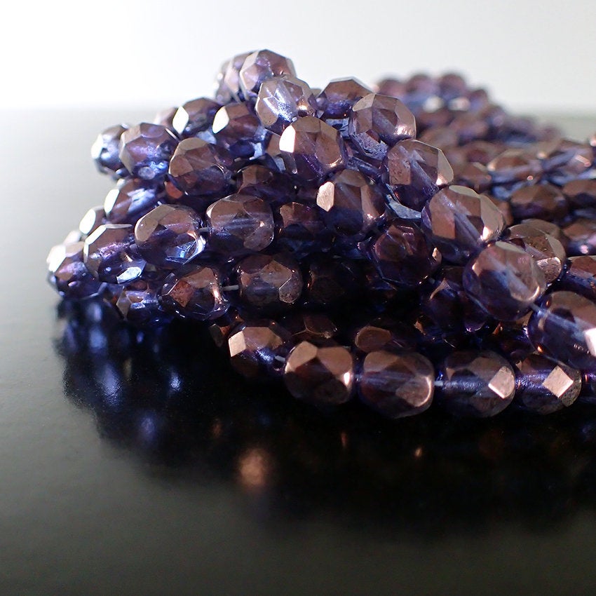 Transparent Amethyst Luster Czech Fire Polished Glass Beads - 6mm Beads 25 Pieces - Purple Lumi Lustered Beads