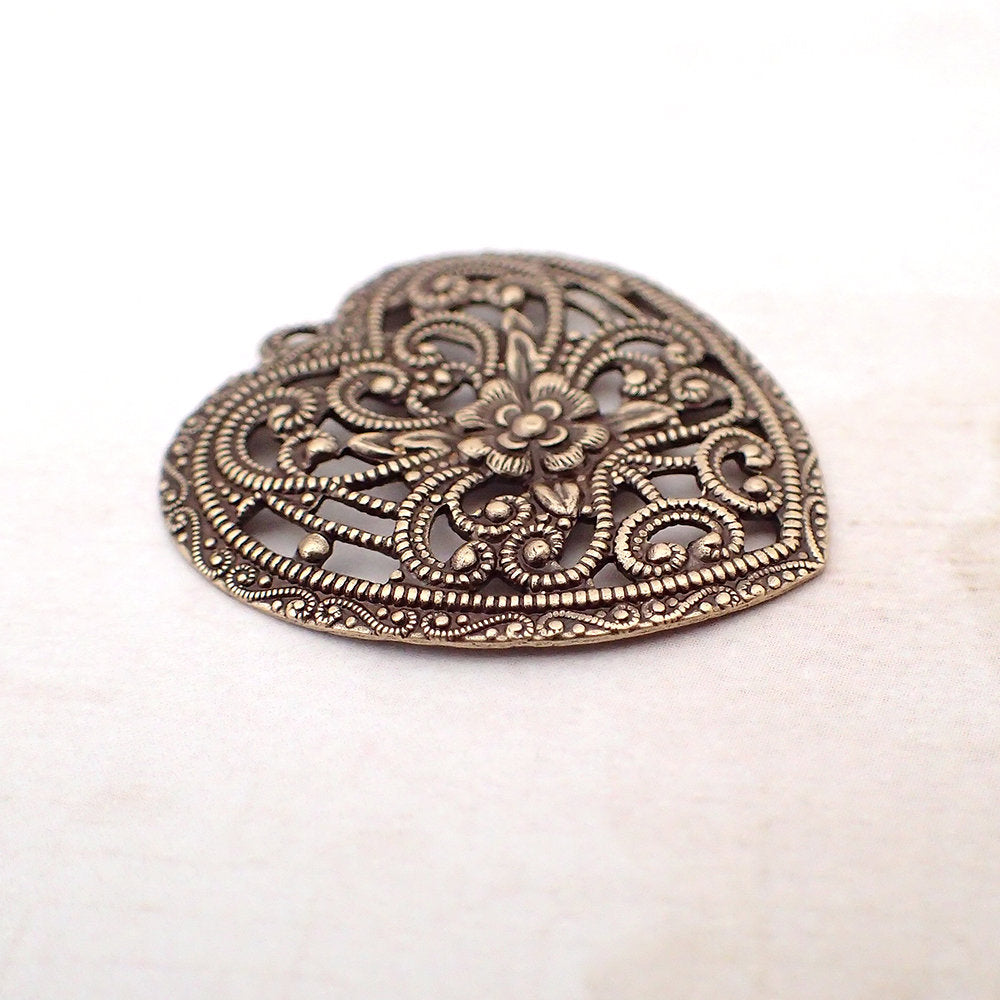 Romantic Floral Heart Filigree Pendant - Antiqued Brass Ox Jewelry Making Supplies