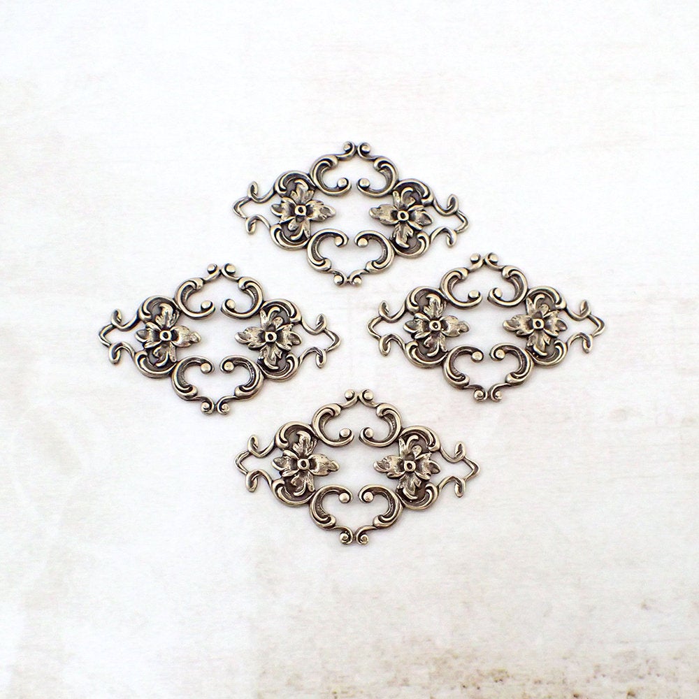 Victorian Style Filigree Connectors - Vintage Style Antiqued Brass Ox - Jewelry Making Supplies and Components - Brass Stampings - 4 Pieces
