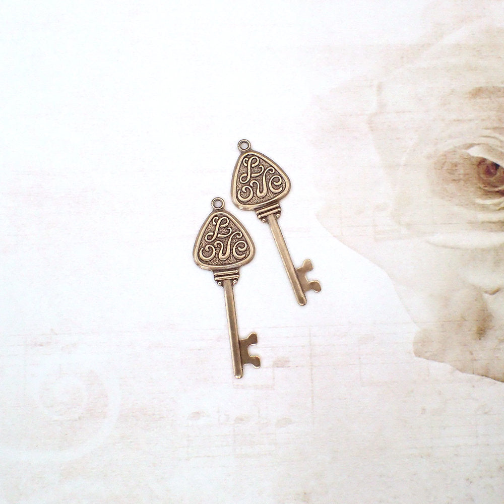 Love Key Brass Pendants - Antiqued Brass Ox Bronze Colored Key Charms with Hole and Flat Backs- USA Made Scrapbook Embellishments