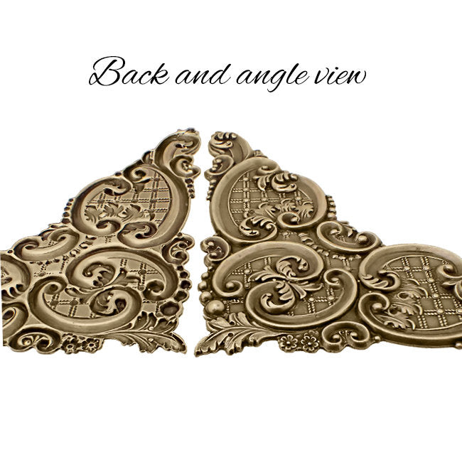 Large Corner Stampings - Antiqued Brass Ox - Art Nouveau Floral Flourish Trellis Scrapbooking Corners Victorian Style - Nickel Free USA Made