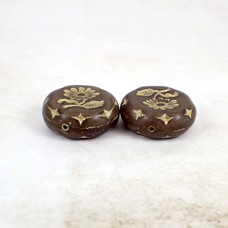 Rich Chocolate Brown and Gold Wash Large Czech Glass Coin Beads with Daisy Flower Design - Artisan Czech Pressed Glass Beads