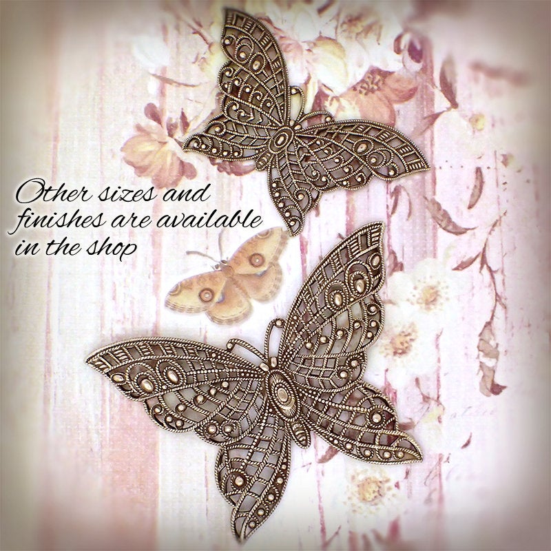 Large Butterfly Filigree with Lacy Wings - Rare - Antiqued Silver Ox - Intricate Detail Dapt Wings - 1 Piece - High Quality European Brass