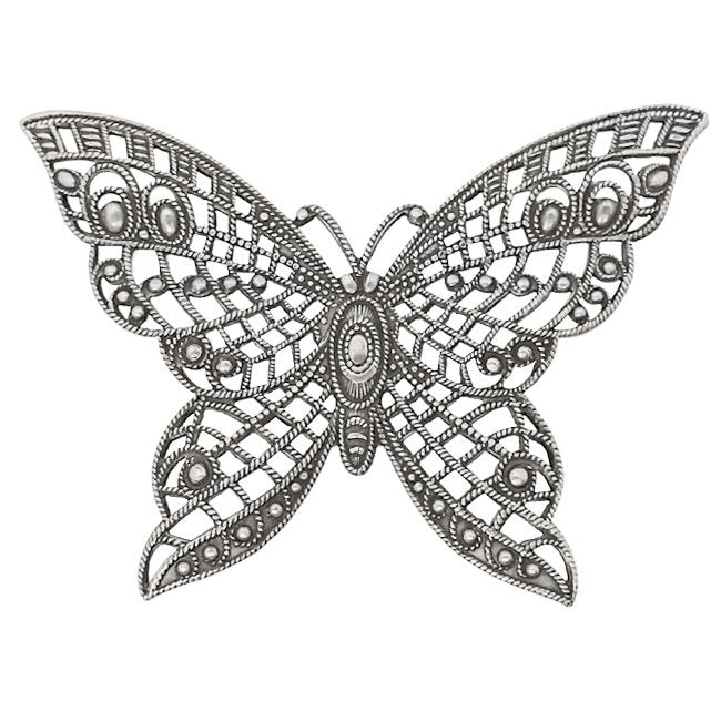 Large Butterfly Filigree with Lacy Wings - Rare - Antiqued Silver Ox - Intricate Detail Dapt Wings - 1 Piece - High Quality European Brass